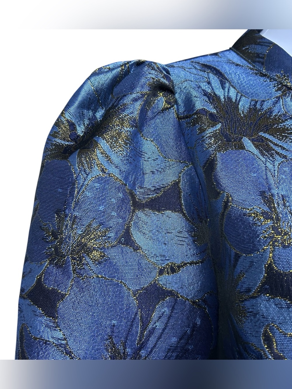 Pomander Place Tuckernuck Samantha Dress M Blue Gold Floral Jacquard Textured - Picture 7 of 16